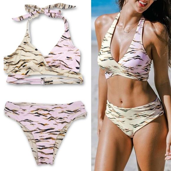 NWT Cupshe Halter Bikini Set Size Small Pink Tan Tiger Print Mid Rise Reversible - Picture 1 of 16